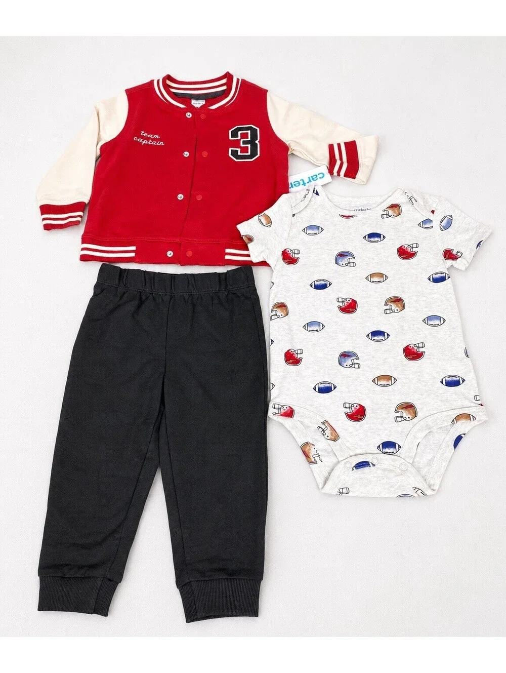 Carter's Boys 3-Piece Outfit Set 18M NWT Varsity Jacket Bodysuit Pants Gray Red